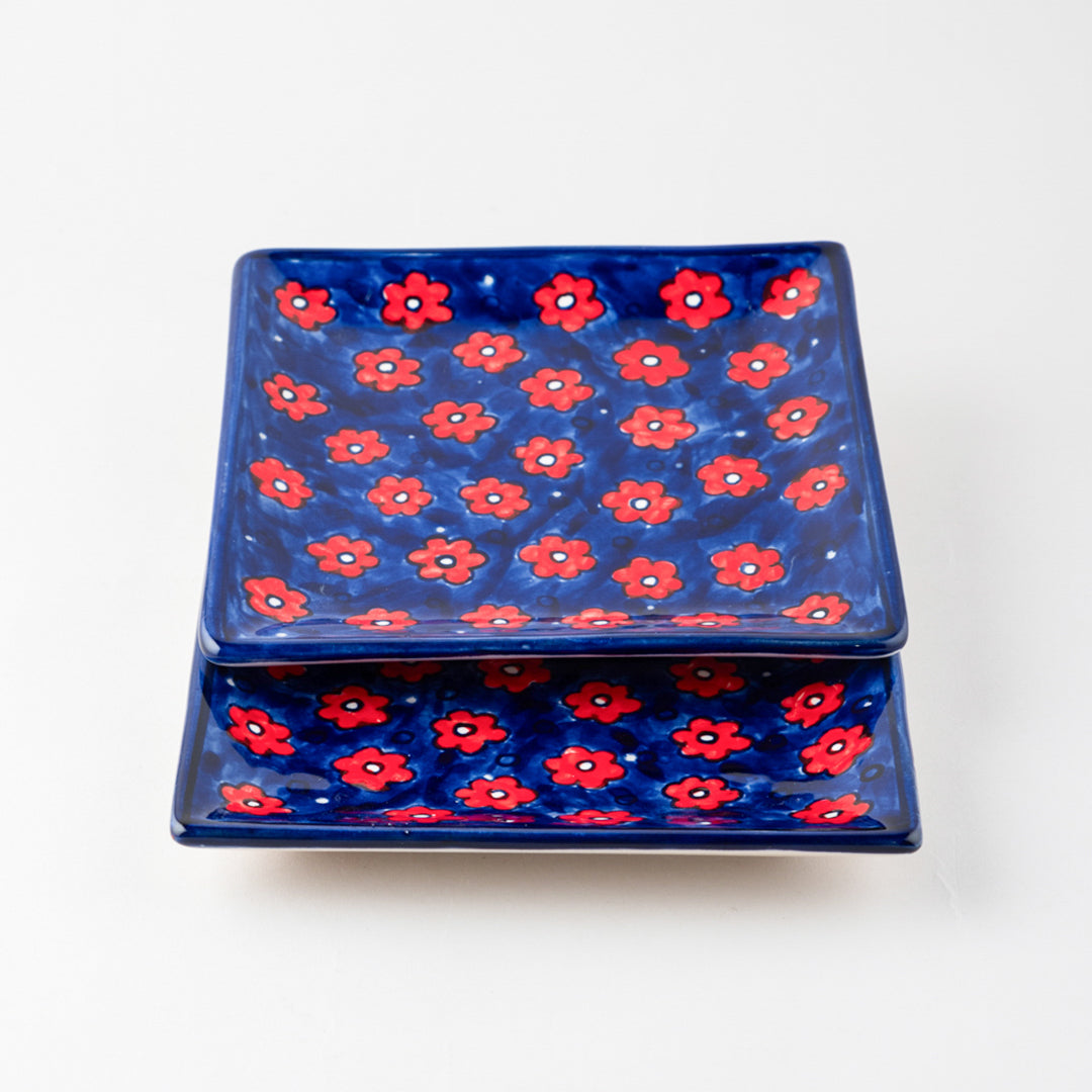 Red and Blue Floral Ceramic Square Serving Platter Set of 2