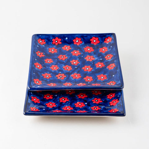 Floral Ceramic Square Serving Platter Set of 2, Blue - Eyaas