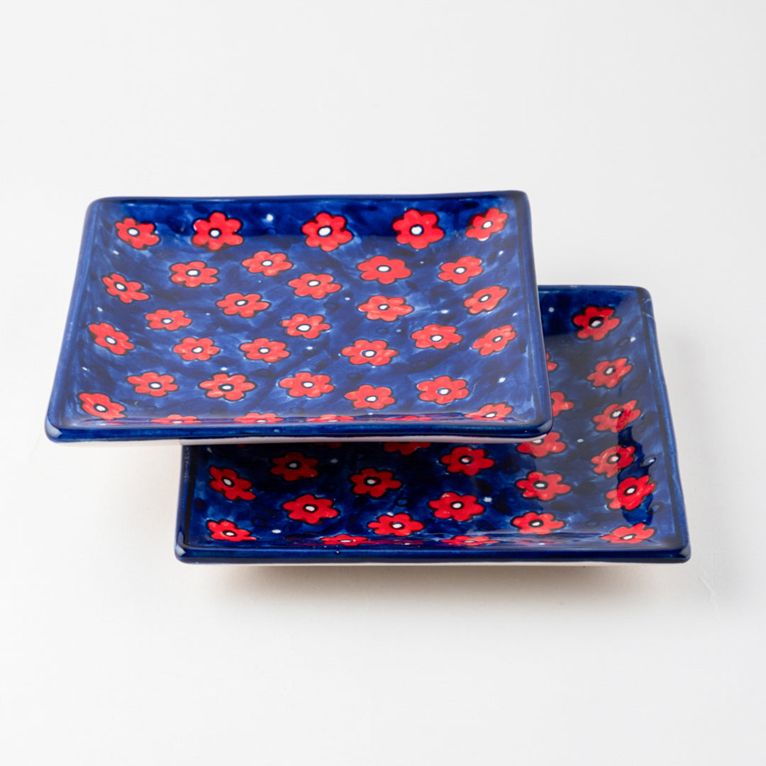 Red and Blue Floral Ceramic Square Serving Platter Set of 2