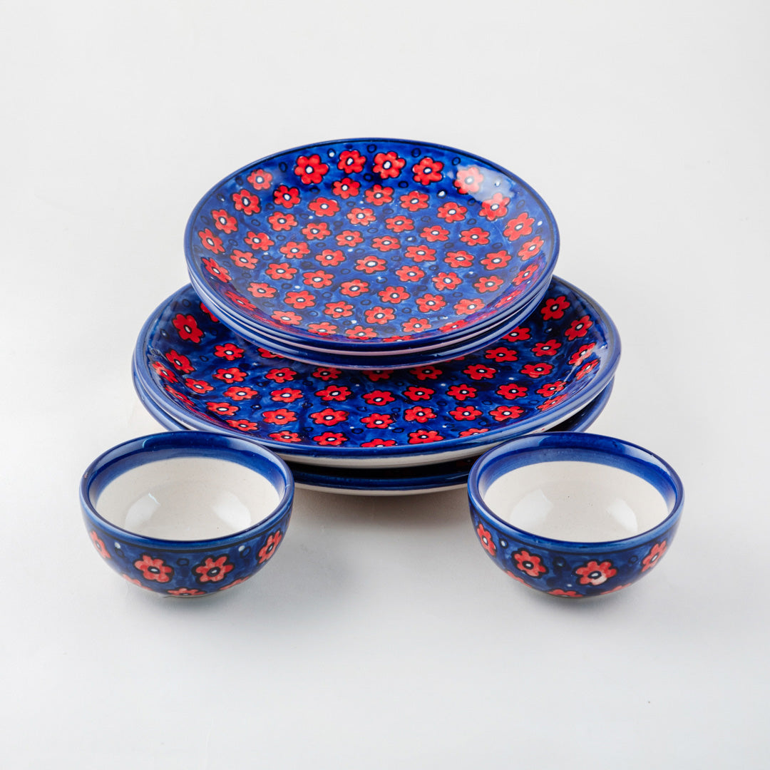 Floral Red and Blue Hand-Painted 6-Piece Ceramic Dinner Set