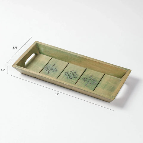 Mughal Hand-Carved Green Sheesham Wood Tray