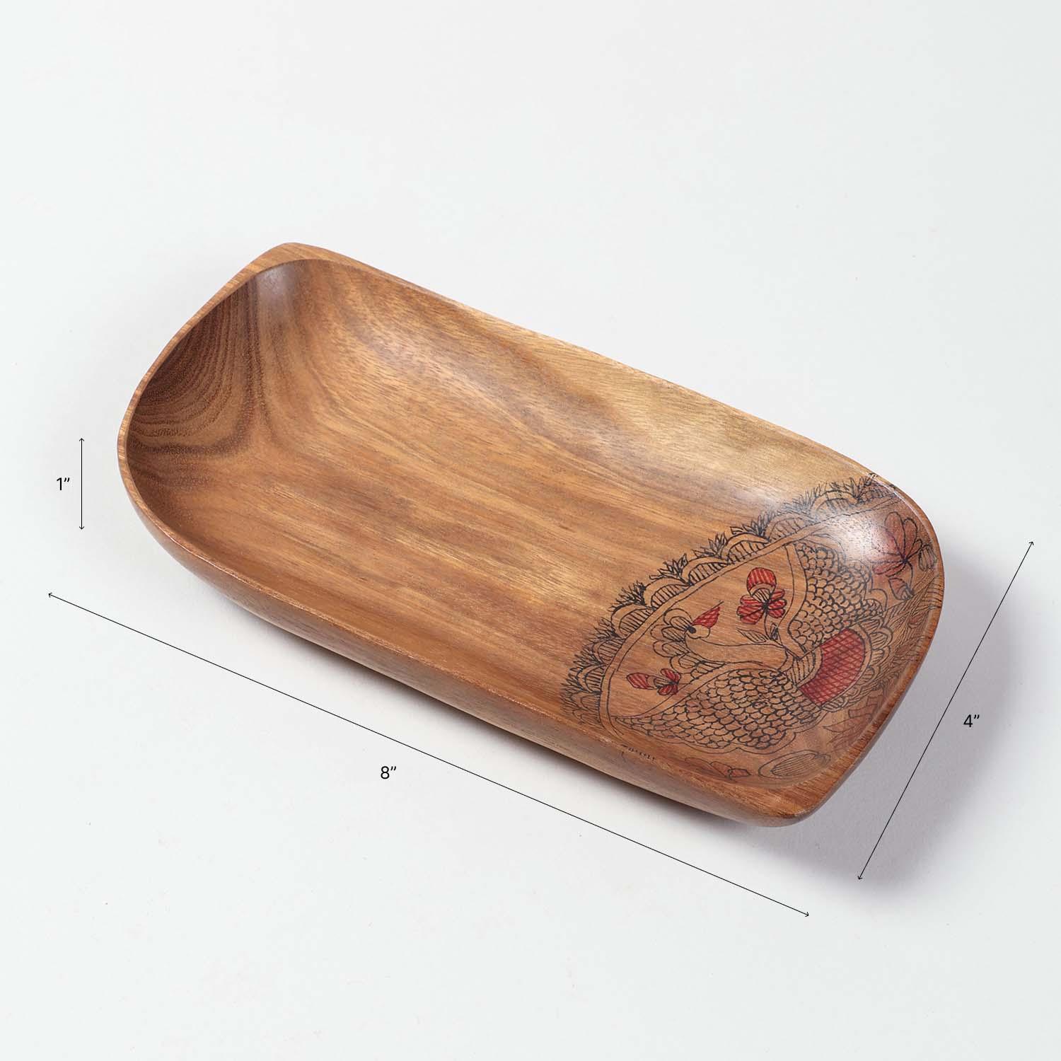 Leaf-Shaped Peacock Hand-Painted Acacia Wood Platter - Set of 2