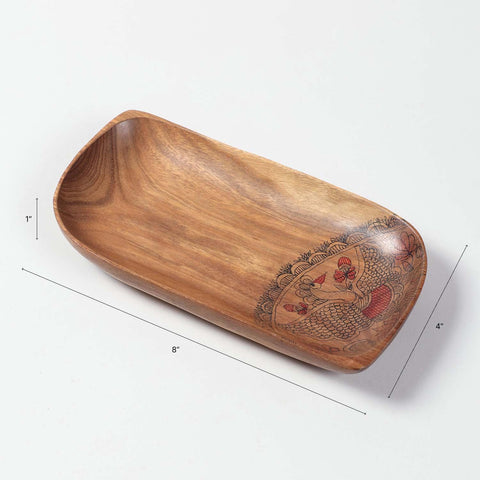 Leaf-Shaped Peacock Hand-Painted Acacia Wood Platter - Set of 2