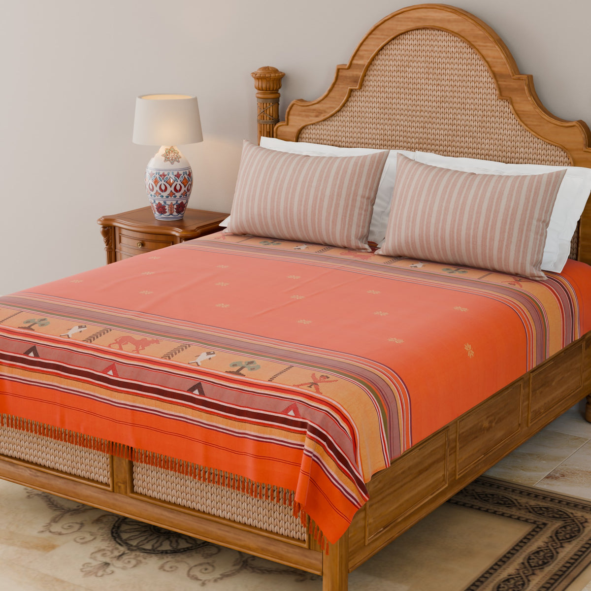 Hand-woven Bawan Buti Double Bedcover, Orange