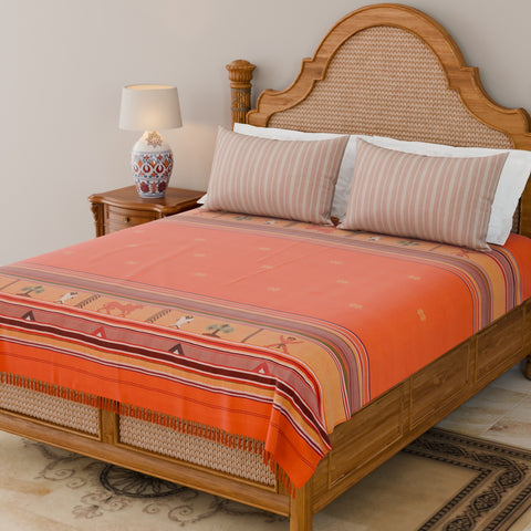 Hand-woven Bawan Buti Double Bedcover, Orange