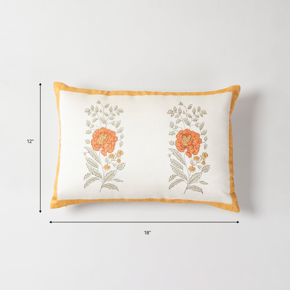 Orange Marigold Buta Block-Printed & Hand Embroidered Lumbar Cushion Cover - Set of 2