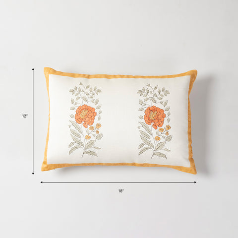 Orange Marigold Buta Block-Printed & Hand Embroidered Lumbar Cushion Cover - Set of 2