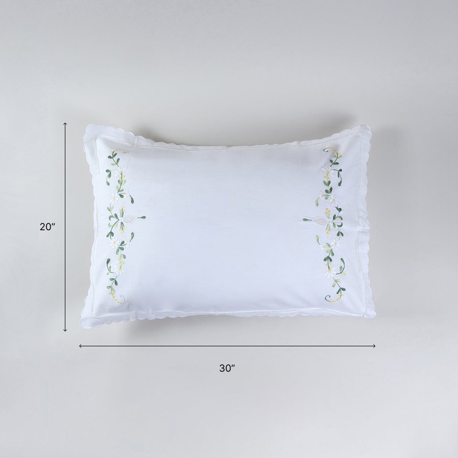 Embroidered Pillow Case Set of 2, White & Green