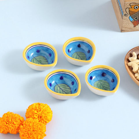 Green Leaf & Light Blue Pottery Ceramic Diya Set of 4