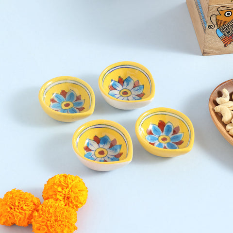 Floral Yellow & Brown Blue Pottery Diya Set of 4