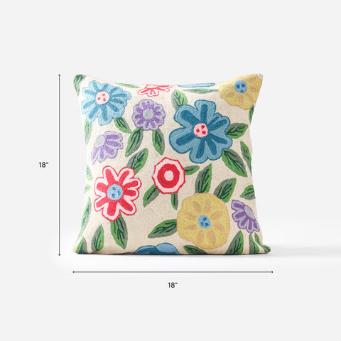 Floral Hand-Embroidered Crewel Cushion Cover (18×18)