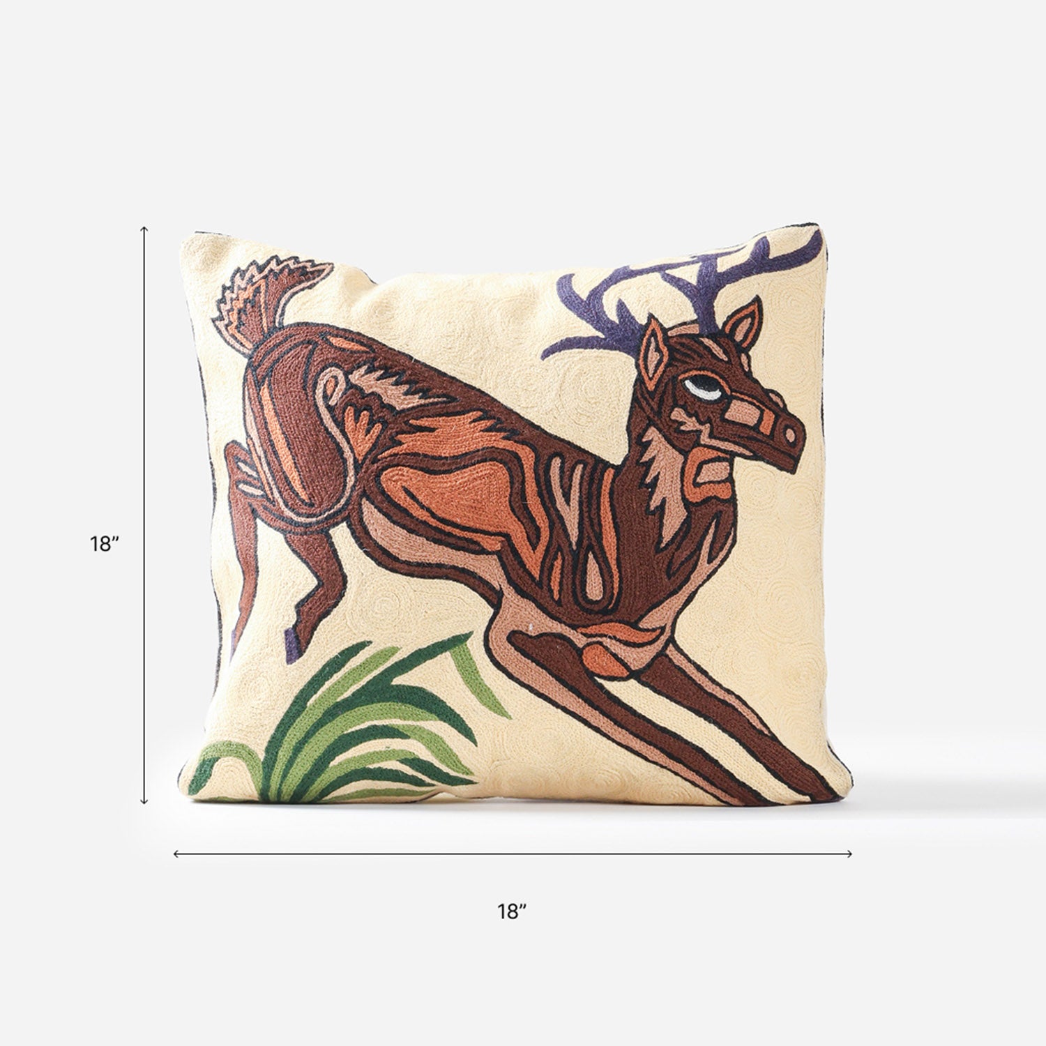 Deer Hand-Embroidered Crewel Cushion Cover (18×18)
