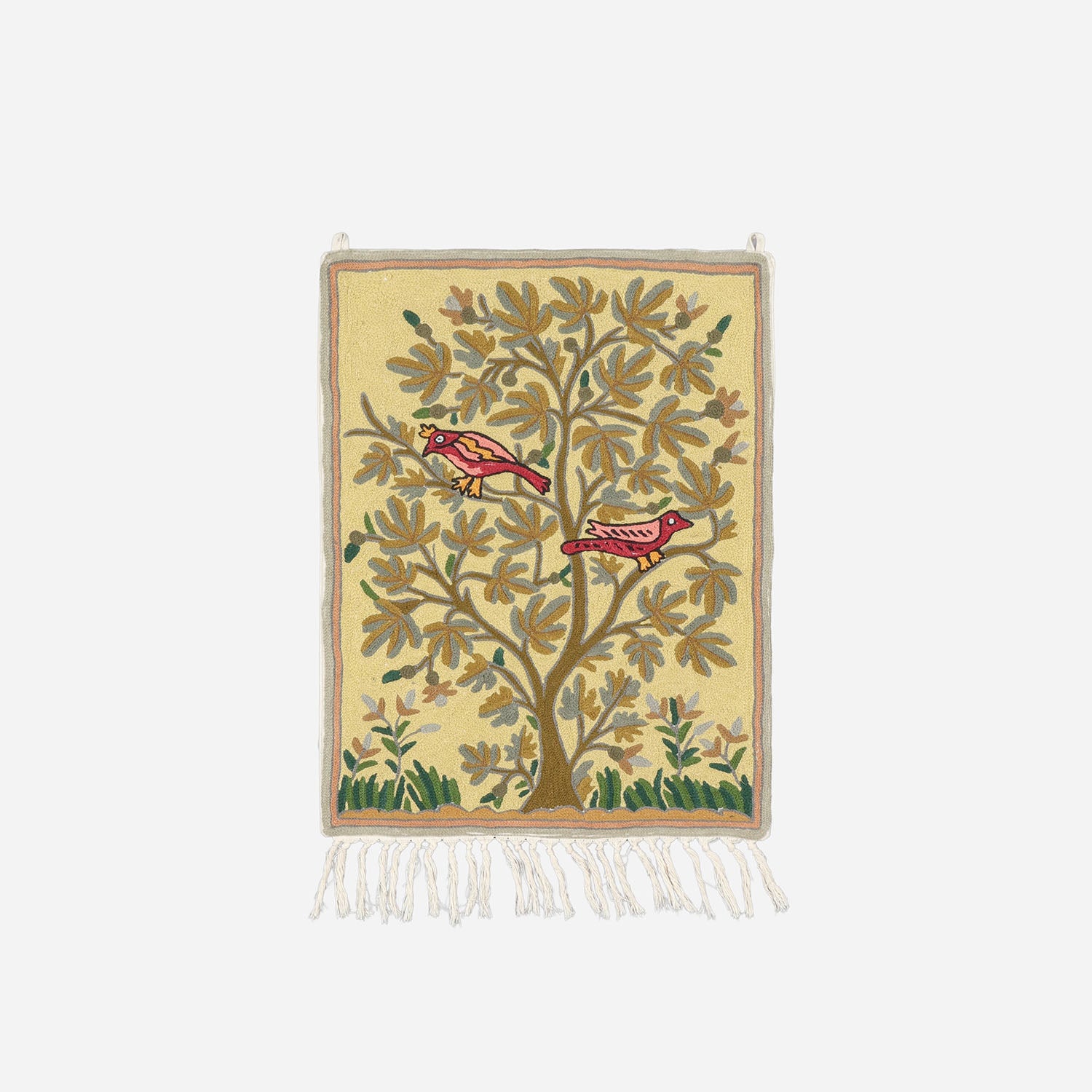 Beige Tree with Birds Kashmiri Crewel Wall Hanging, 1.5x2 ft