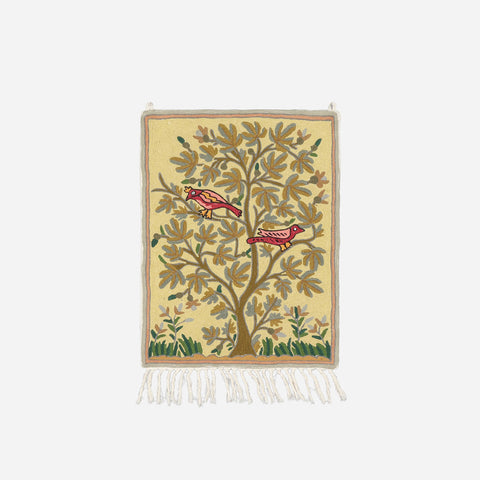 Beige Tree with Birds Kashmiri Crewel Wall Hanging, 1.5x2 ft