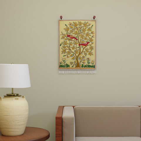 Beige Tree with Birds Kashmiri Crewel Wall Hanging, 1.5x2 ft