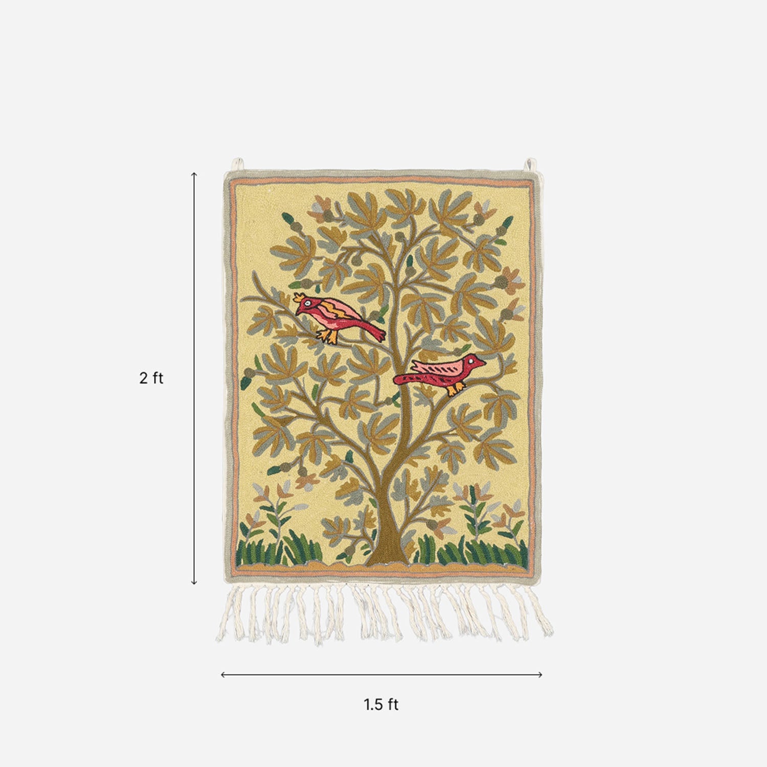 Beige Tree with Birds Kashmiri Crewel Wall Hanging, 1.5x2 ft