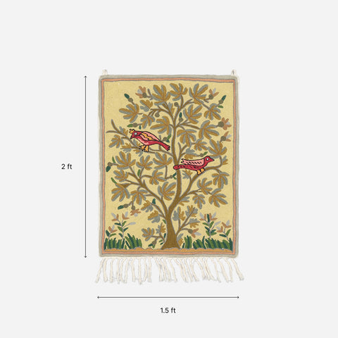 Beige Tree with Birds Kashmiri Crewel Wall Hanging, 1.5x2 ft