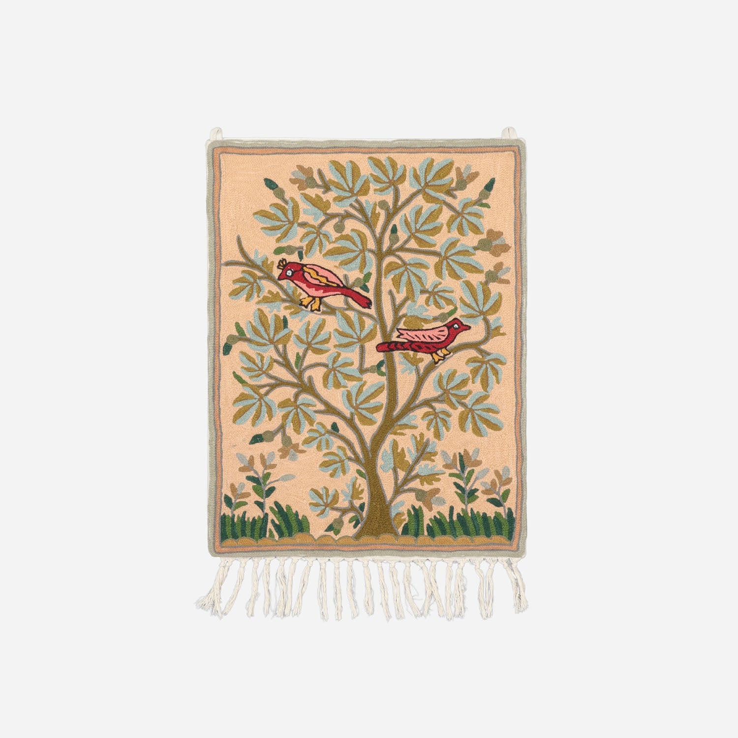 Peach Tree with Birds Kashmiri Crewel Embroidery Wall Hanging, 1.5x2 ft