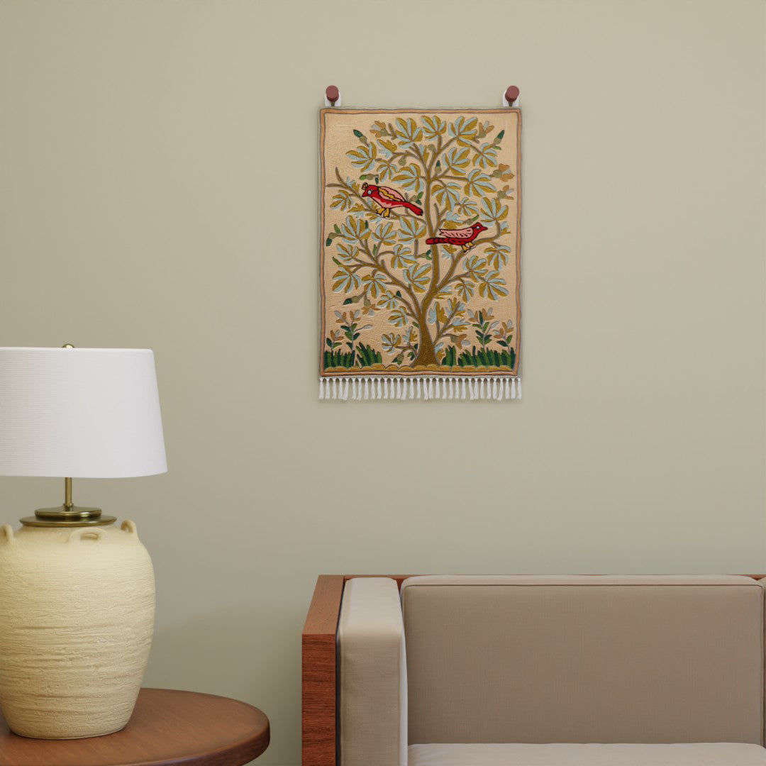 Peach Tree with Birds Kashmiri Crewel Embroidery Wall Hanging, 1.5x2 ft