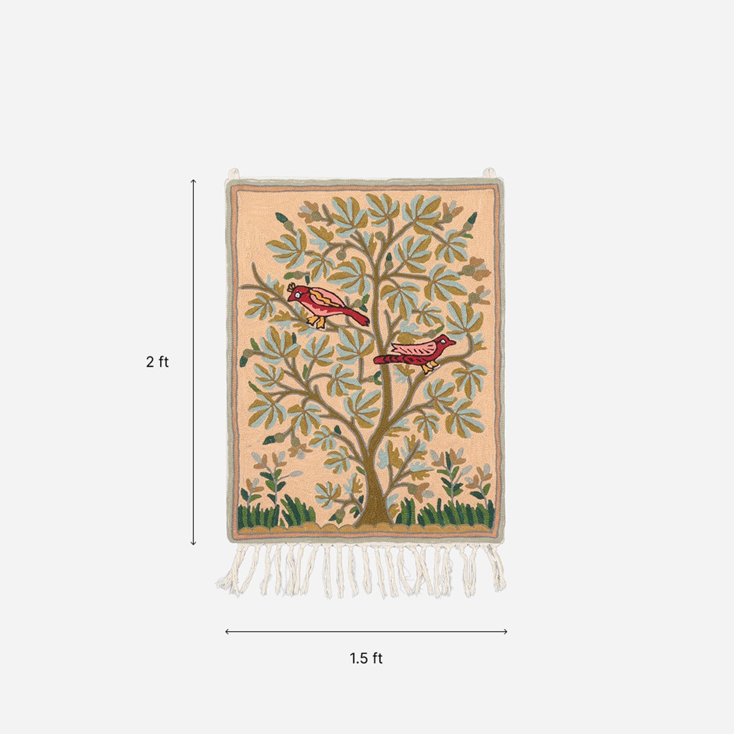 Peach Tree with Birds Kashmiri Crewel Embroidery Wall Hanging, 1.5x2 ft