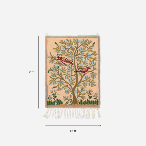 Peach Tree with Birds Kashmiri Crewel Embroidery Wall Hanging, 1.5x2 ft