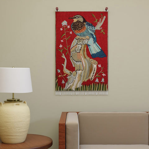 Red & Blue Bird Kashmiri Crewel Embroidery Wall Hanging, 2x3 ft