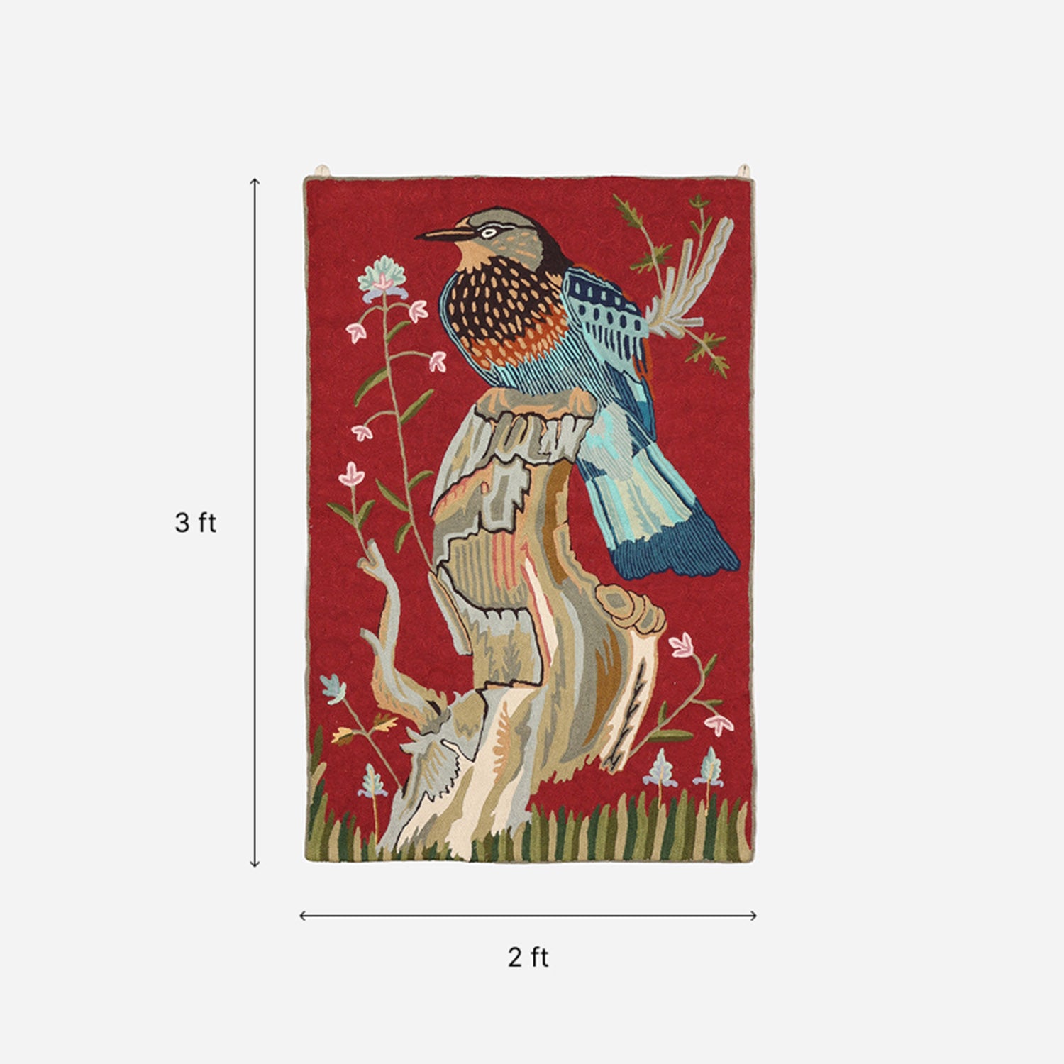 Red & Blue Bird Kashmiri Crewel Embroidery Wall Hanging, 2x3 ft