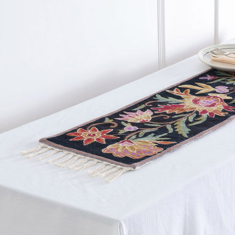 Black Floral Crewel Embroidery Kashmiri Table Runner, 1x4 ft