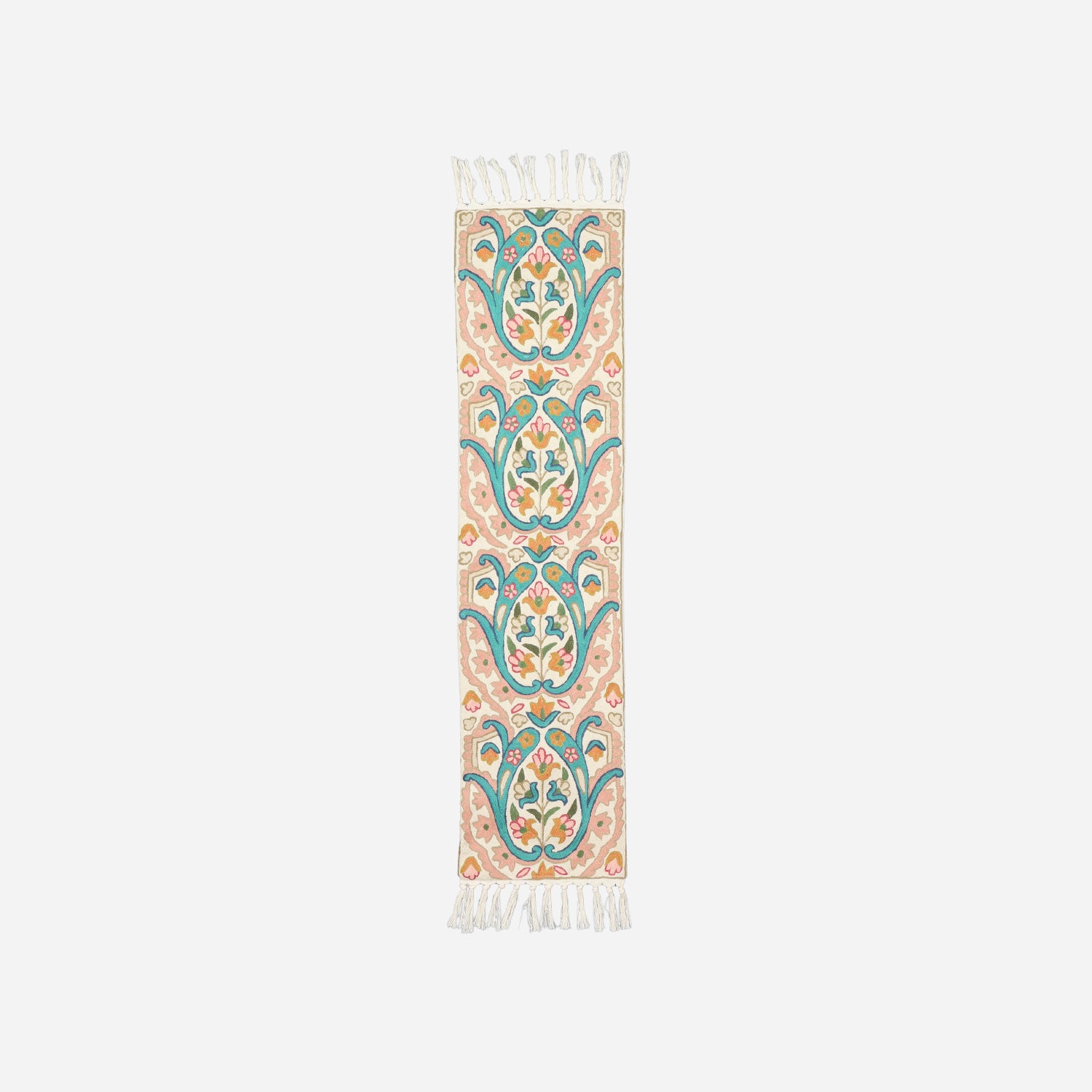 Off White Floral Crewel Embroidery Kashmiri Table Runner, 1x4 ft
