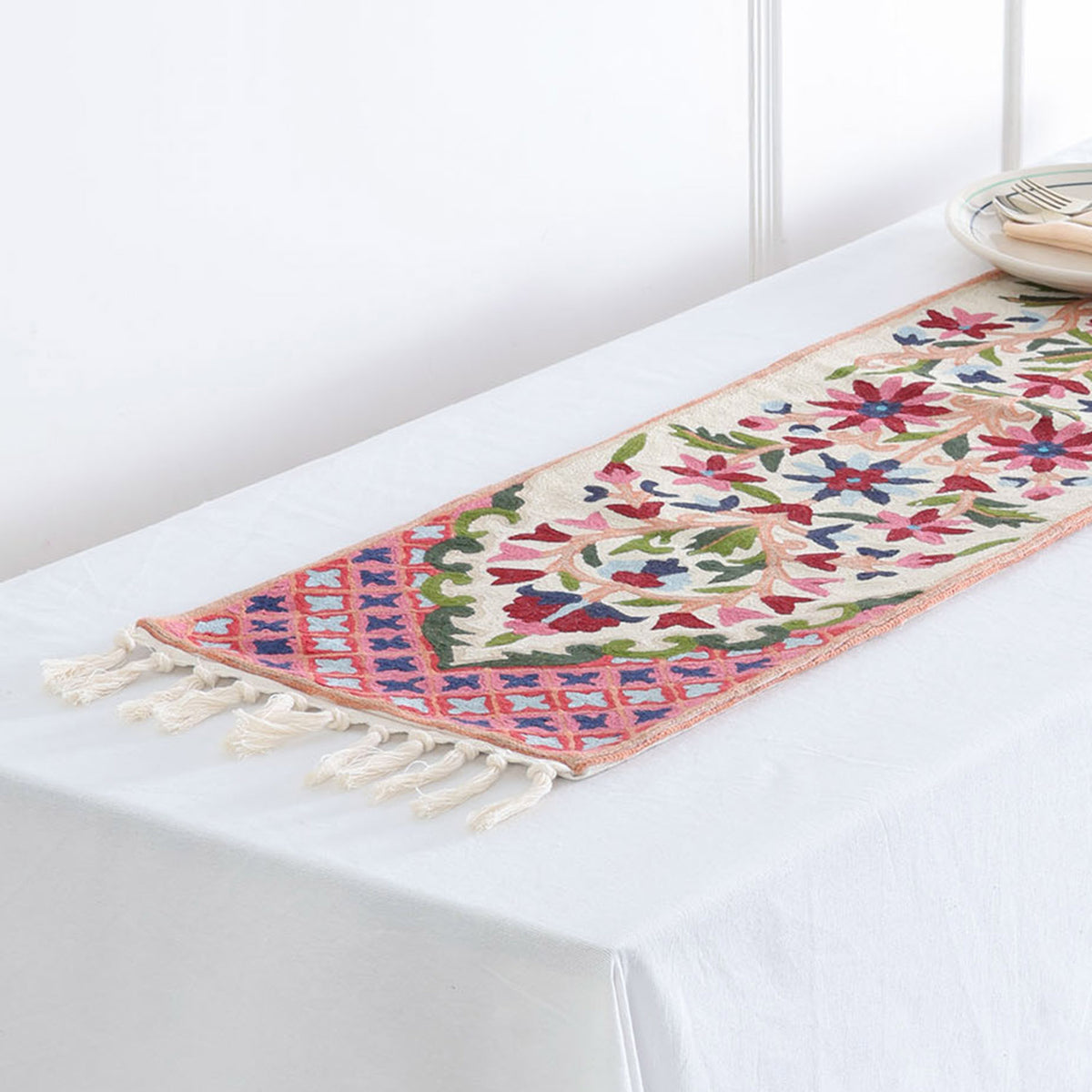 Off White & Multi Colour Flower Pot Crewel Embroidery Table Runner, 1x4 ft
