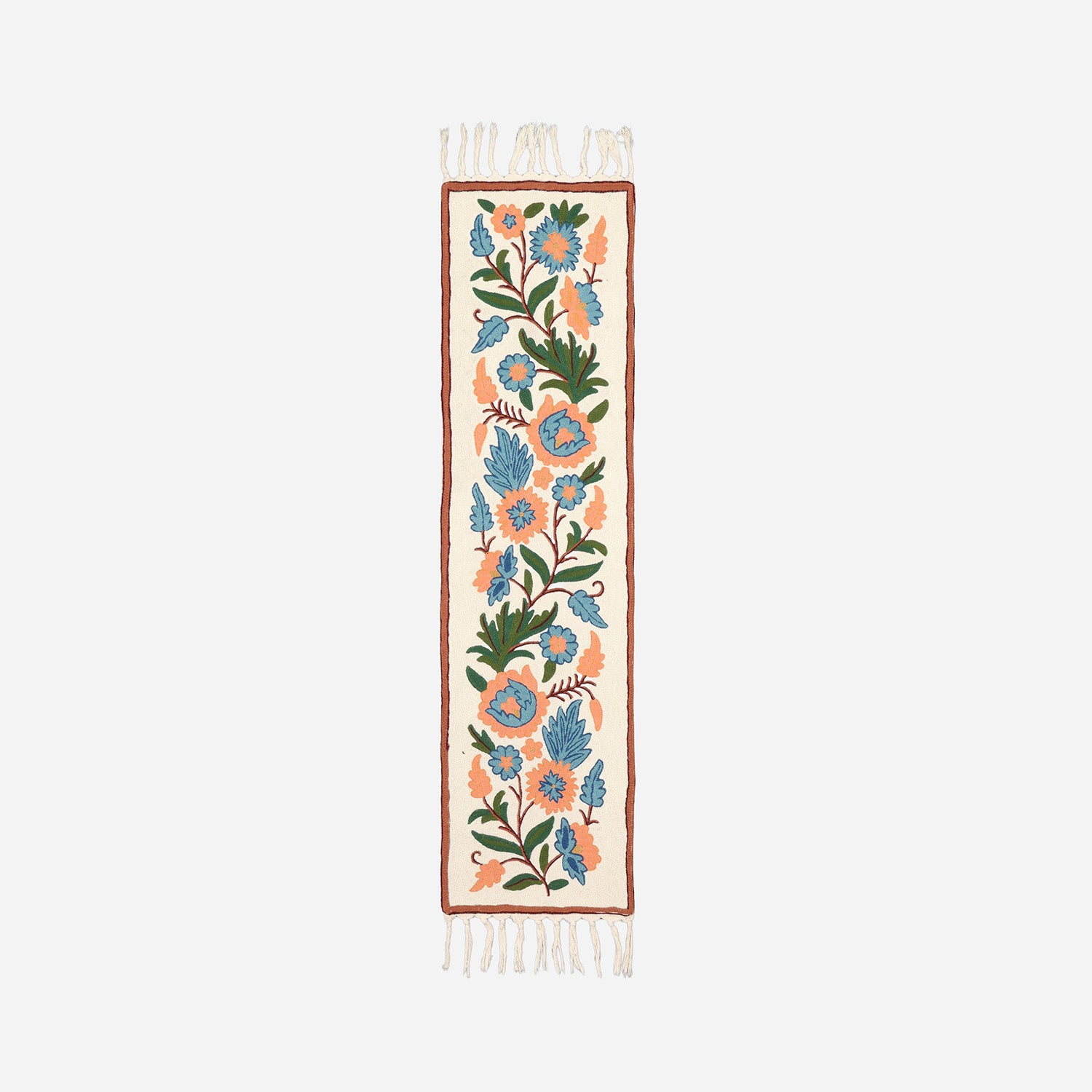 Off White & Blue Floral Crewel Embroidery Table Runner, 1x4 ft