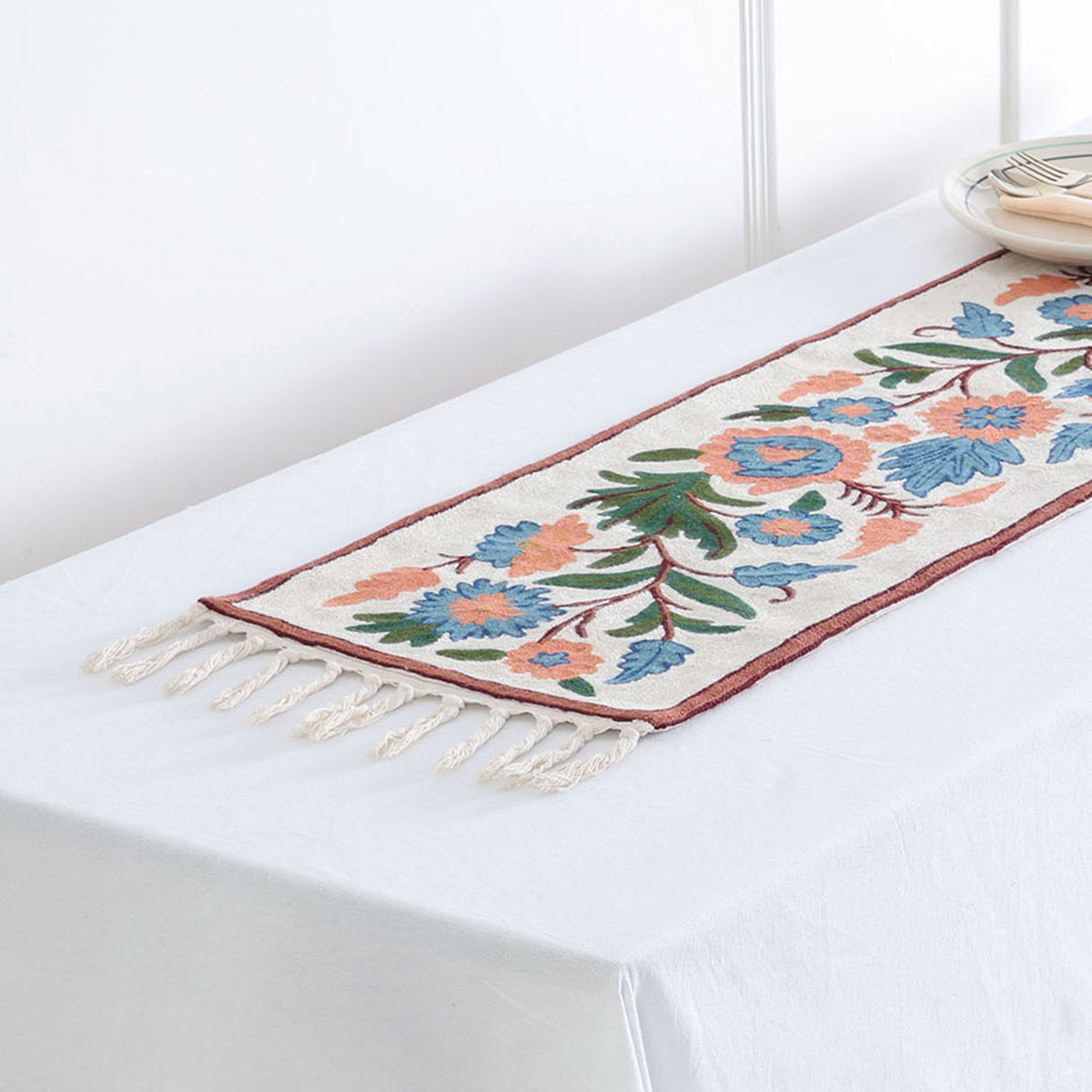 Off White & Blue Floral Crewel Embroidery Table Runner, 1x4 ft