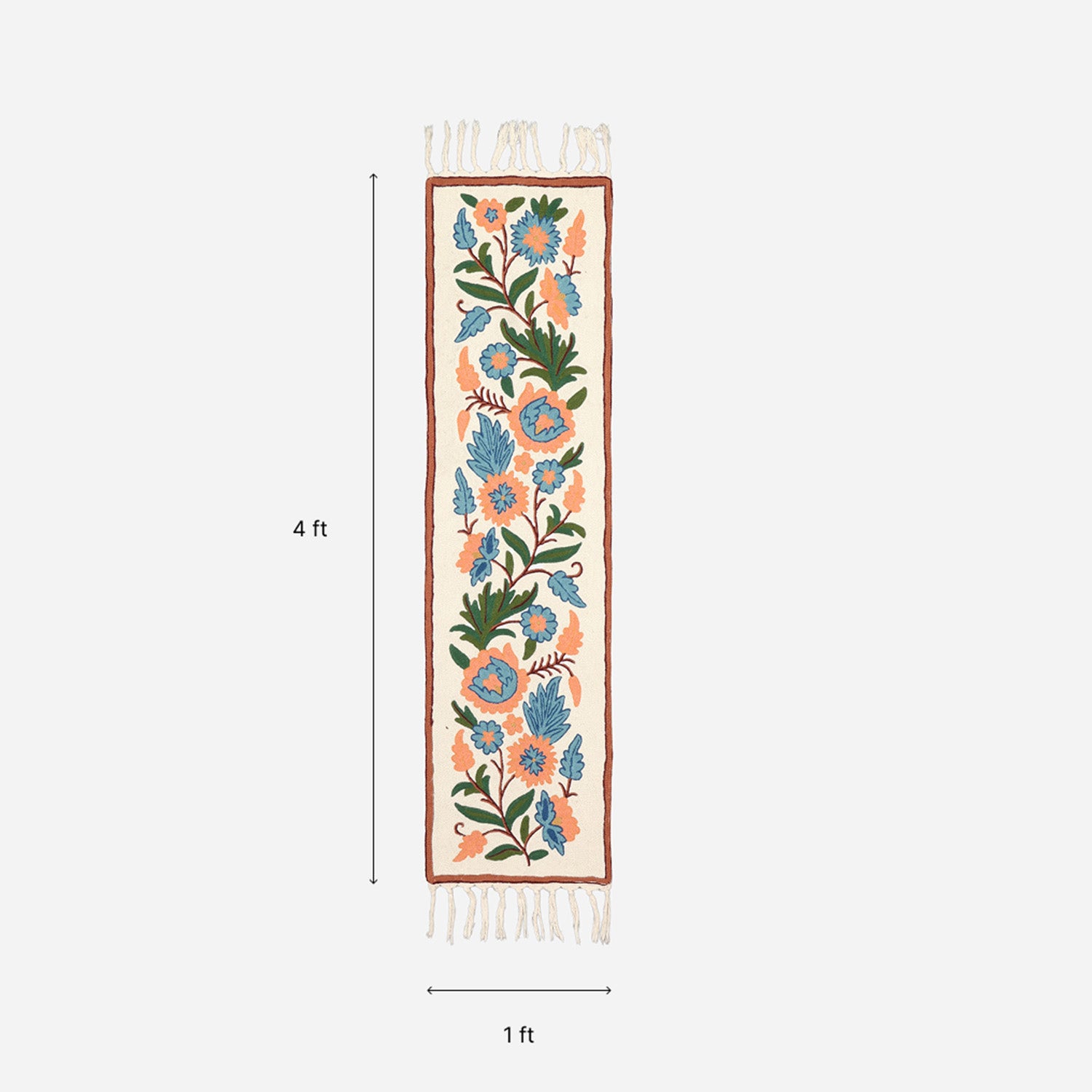 Off White & Blue Floral Crewel Embroidery Table Runner, 1x4 ft