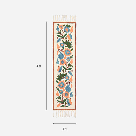 Off White & Blue Floral Crewel Embroidery Table Runner, 1x4 ft