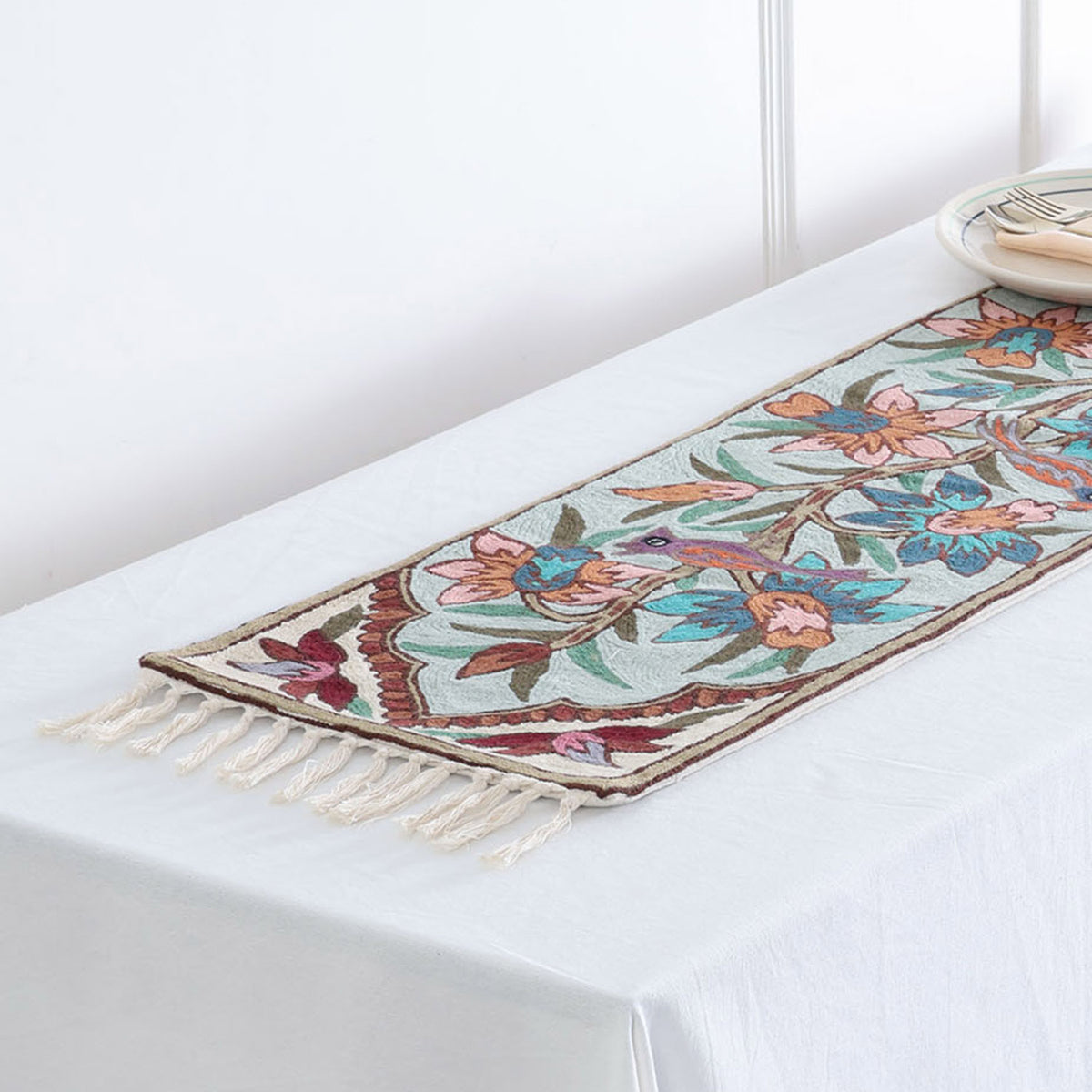 Off White Floral Tree Bird Crewel Embroidery Table Runner, 1x4 ft