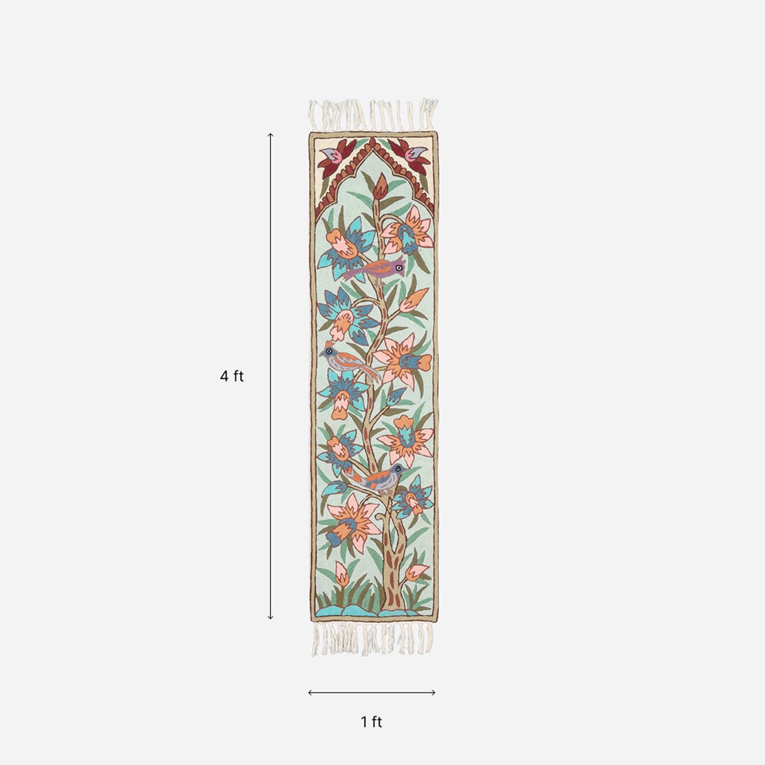 Off White Floral Tree Bird Crewel Embroidery Table Runner, 1x4 ft