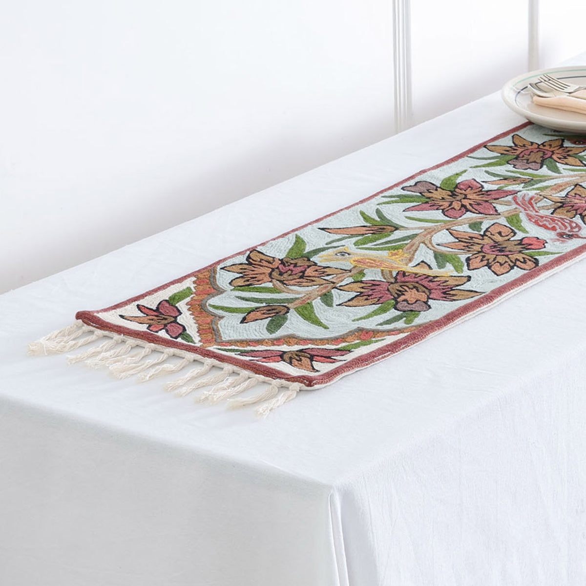 Mint Green Floral Tree Bird Crewel Embroidery Table Runner, 1x4 ft