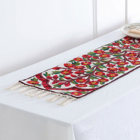 Off White & Multi Colour Mughal Floral Crewelwork Runner, 1x4 ft