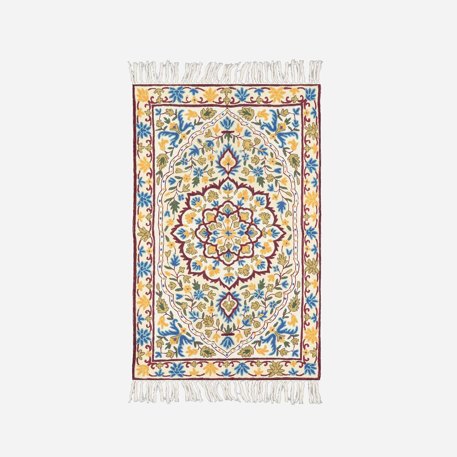 Off White & Blue Kashmiri Crewel Embroidery Rug, 2.5x4 ft