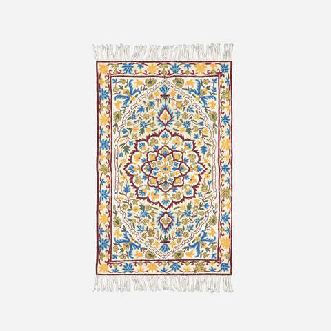 Off White & Blue Kashmiri Crewel Embroidery Rug, 2.5x4 ft