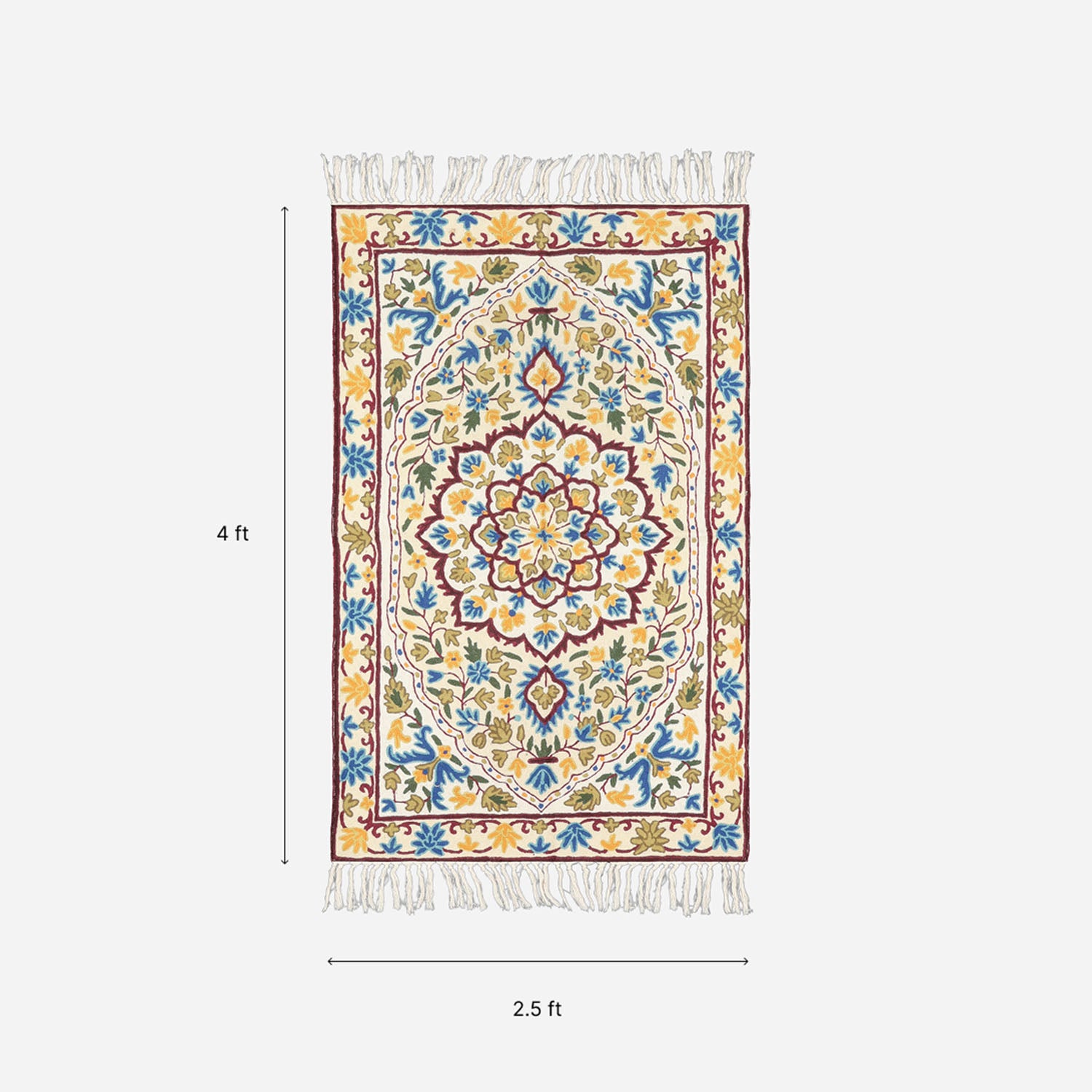 Off White & Blue Kashmiri Crewel Embroidery Rug, 2.5x4 ft