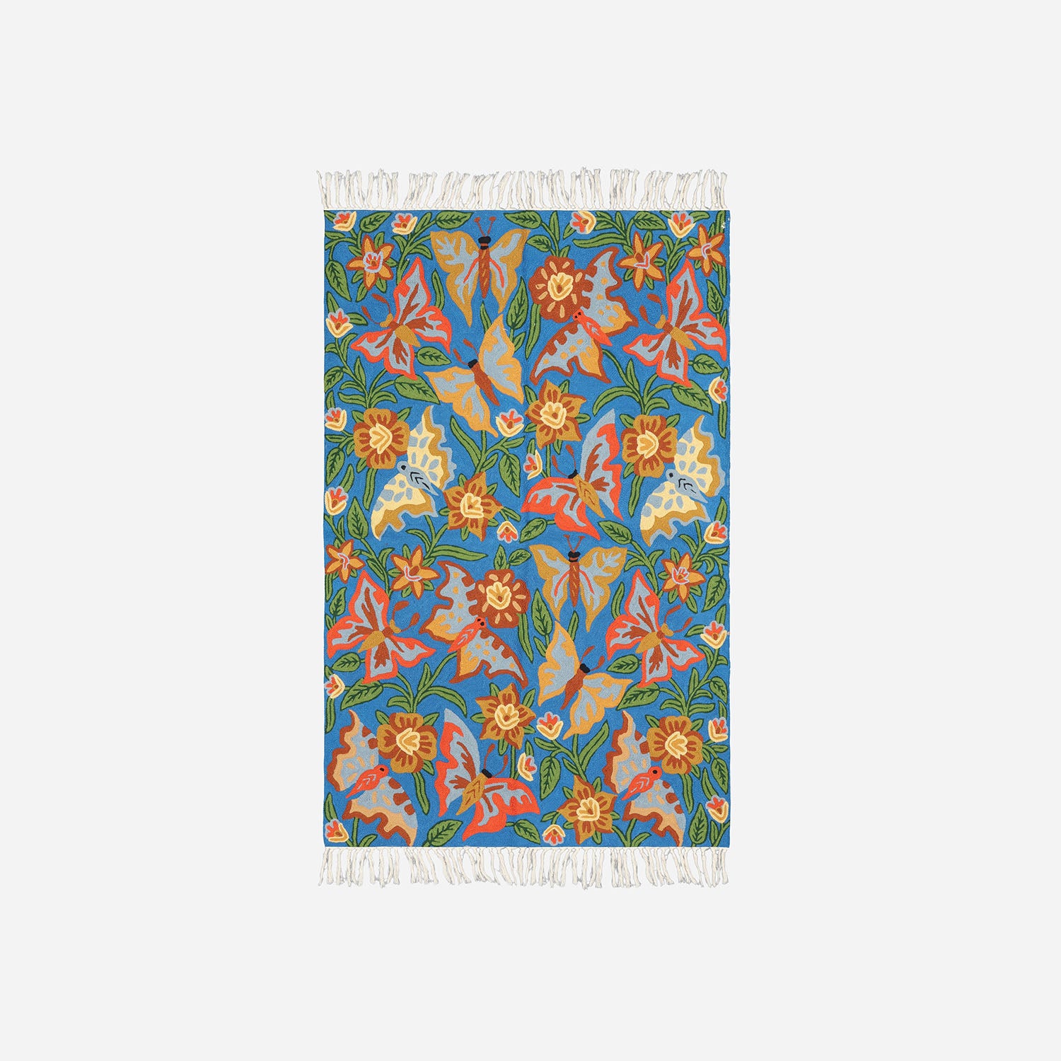 Blue Butterfly & Floral Kashmiri Crewel Embroidery Rug, 2.5x4 ft