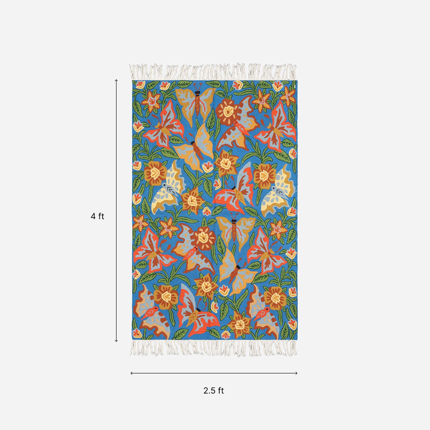 Blue Butterfly & Floral Kashmiri Crewel Embroidery Rug, 2.5x4 ft