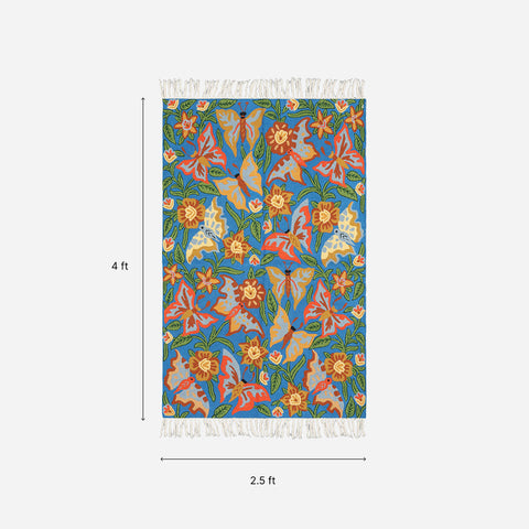 Blue Butterfly & Floral Kashmiri Crewel Embroidery Rug, 2.5x4 ft