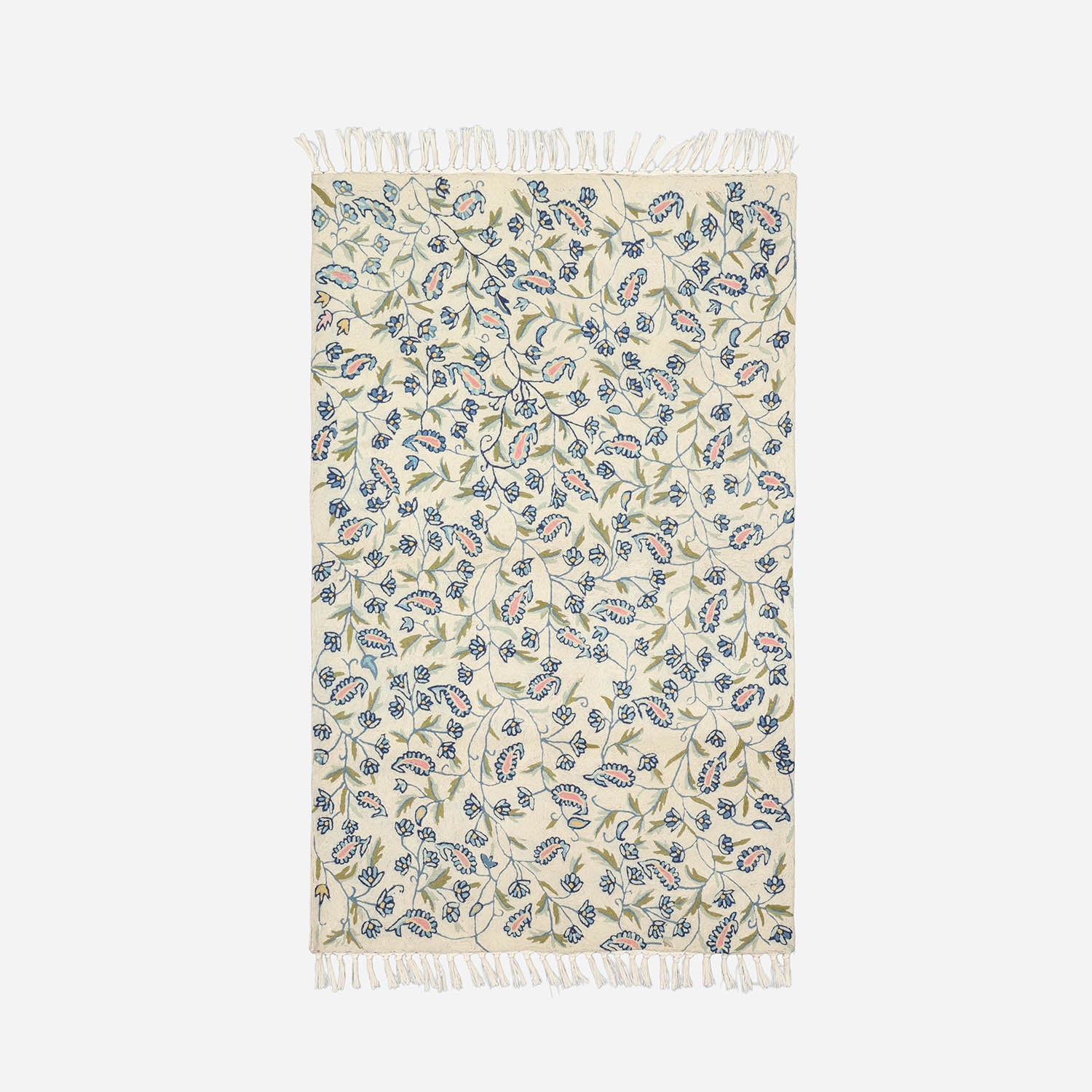 Blue Paisley Trellis Kashmiri Wool Crewelwork Rug, 3x5 ft