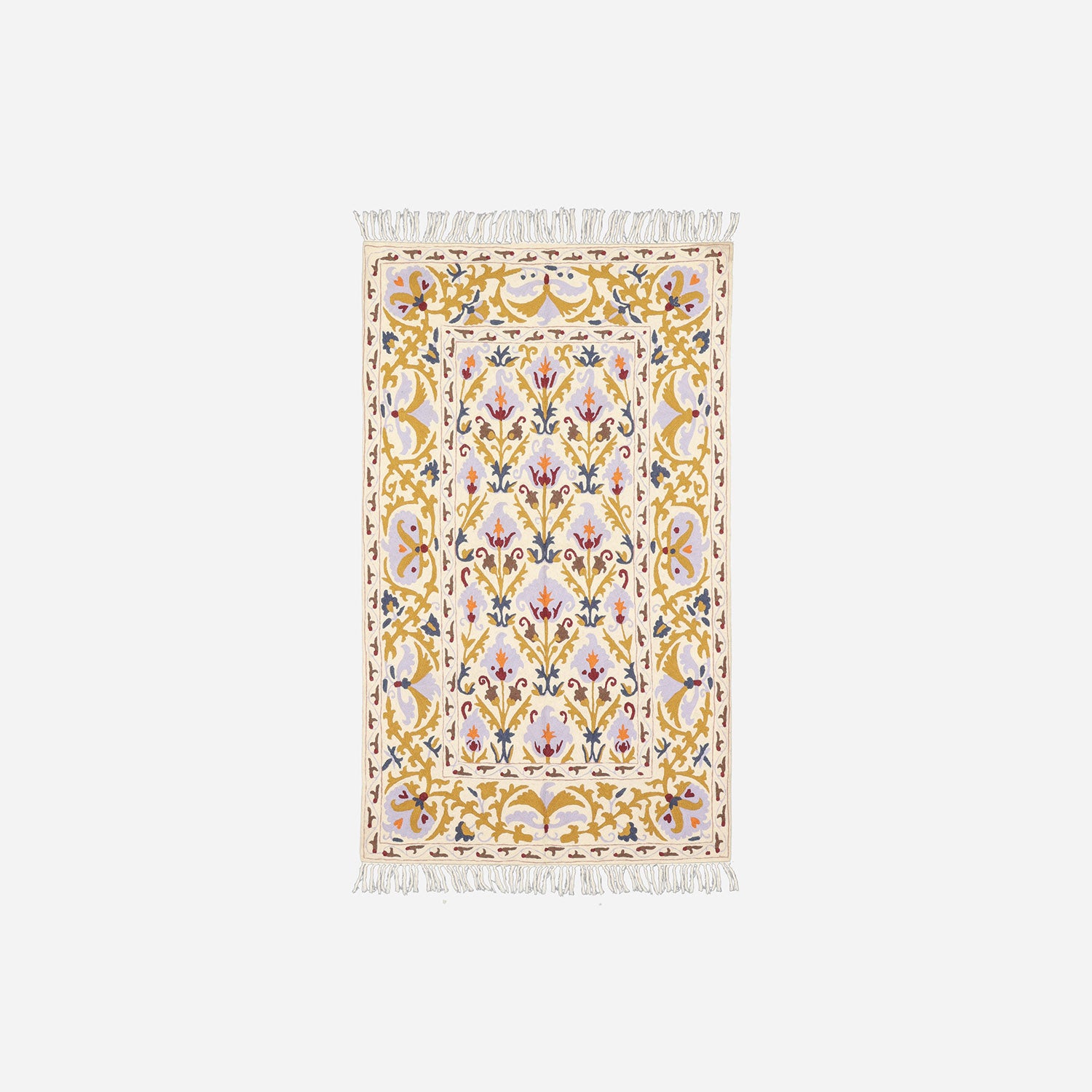 Blue Floral Kashmiri Crewel Emrboidery Wool Rug, 3x5 ft