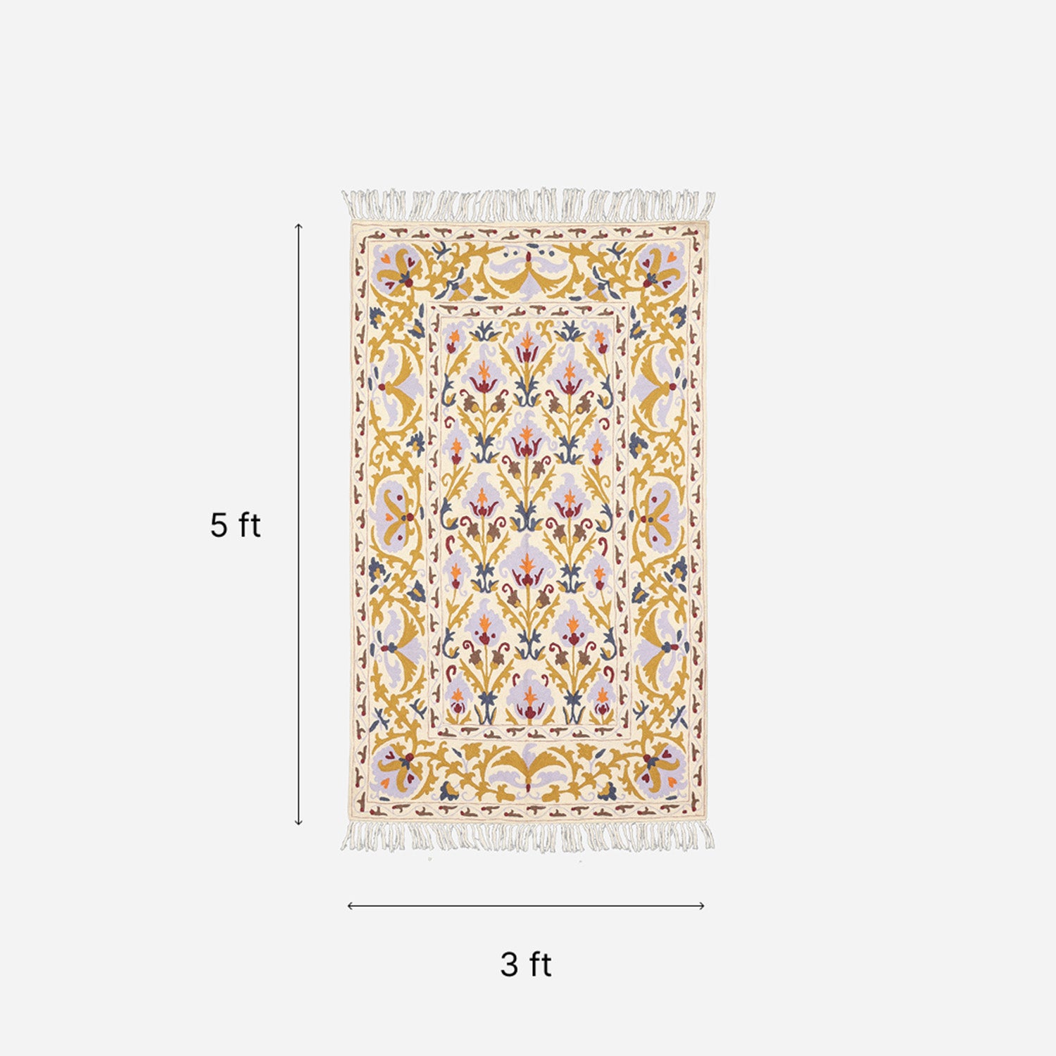 Blue Floral Kashmiri Crewel Emrboidery Wool Rug, 3x5 ft