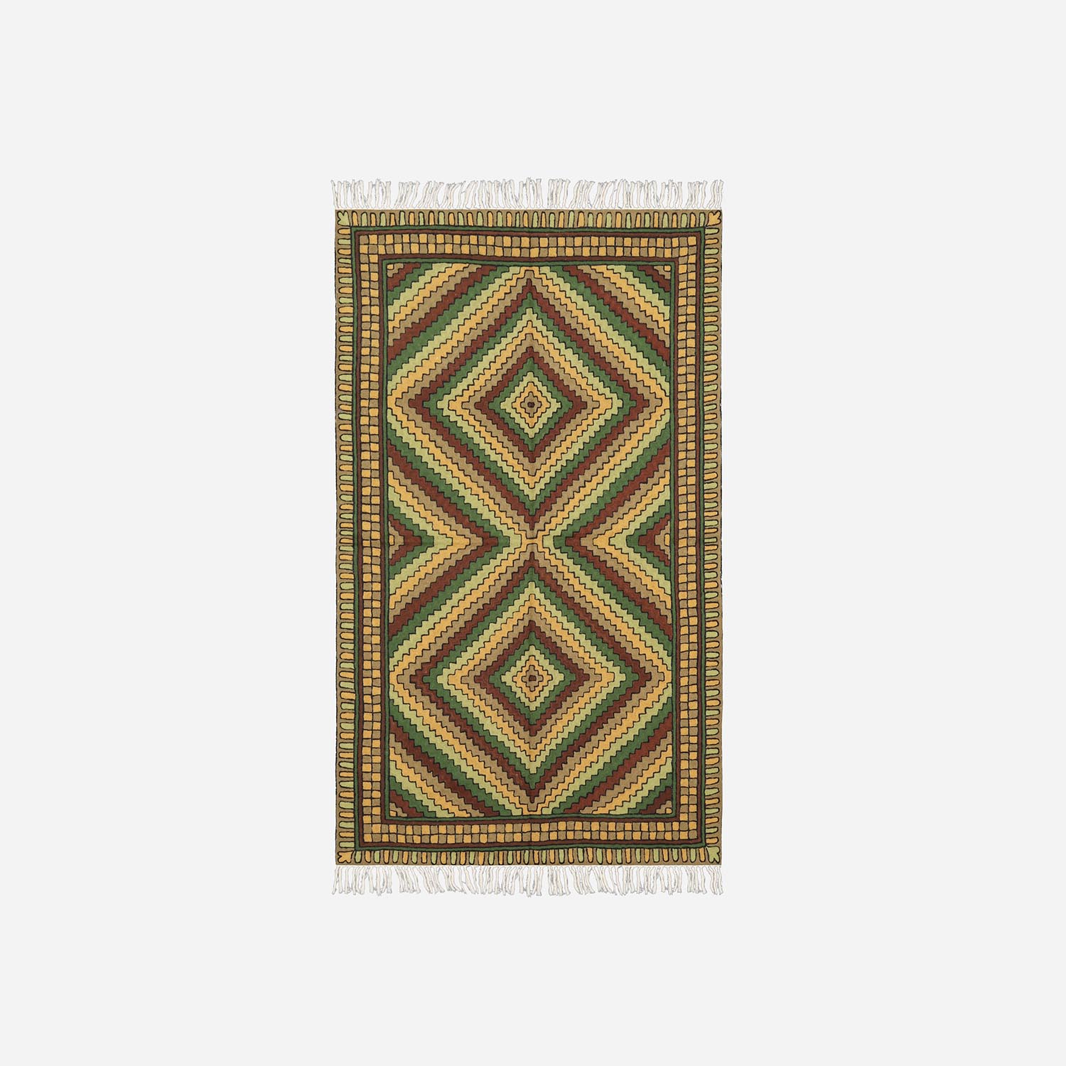 Off White & Green Geometric Crewel Embroidery Wool Rug, 3x5 ft