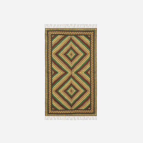 Off White & Green Geometric Crewel Embroidery Wool Rug, 3x5 ft