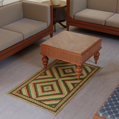 Off White & Green Geometric Crewel Embroidery Wool Rug, 3x5 ft